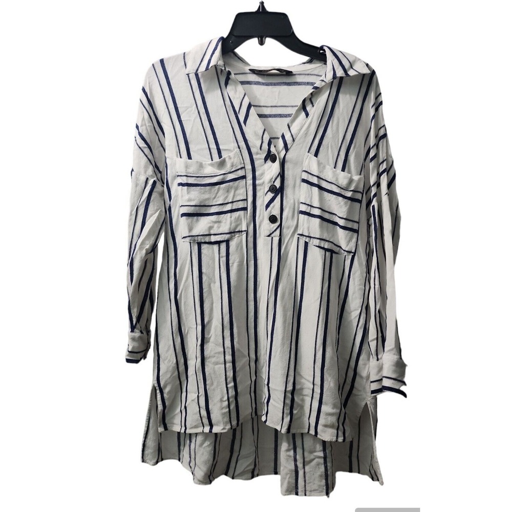 Zara Basicโ Striped Tunic Top Long Sleeve Button Down Shirt XS